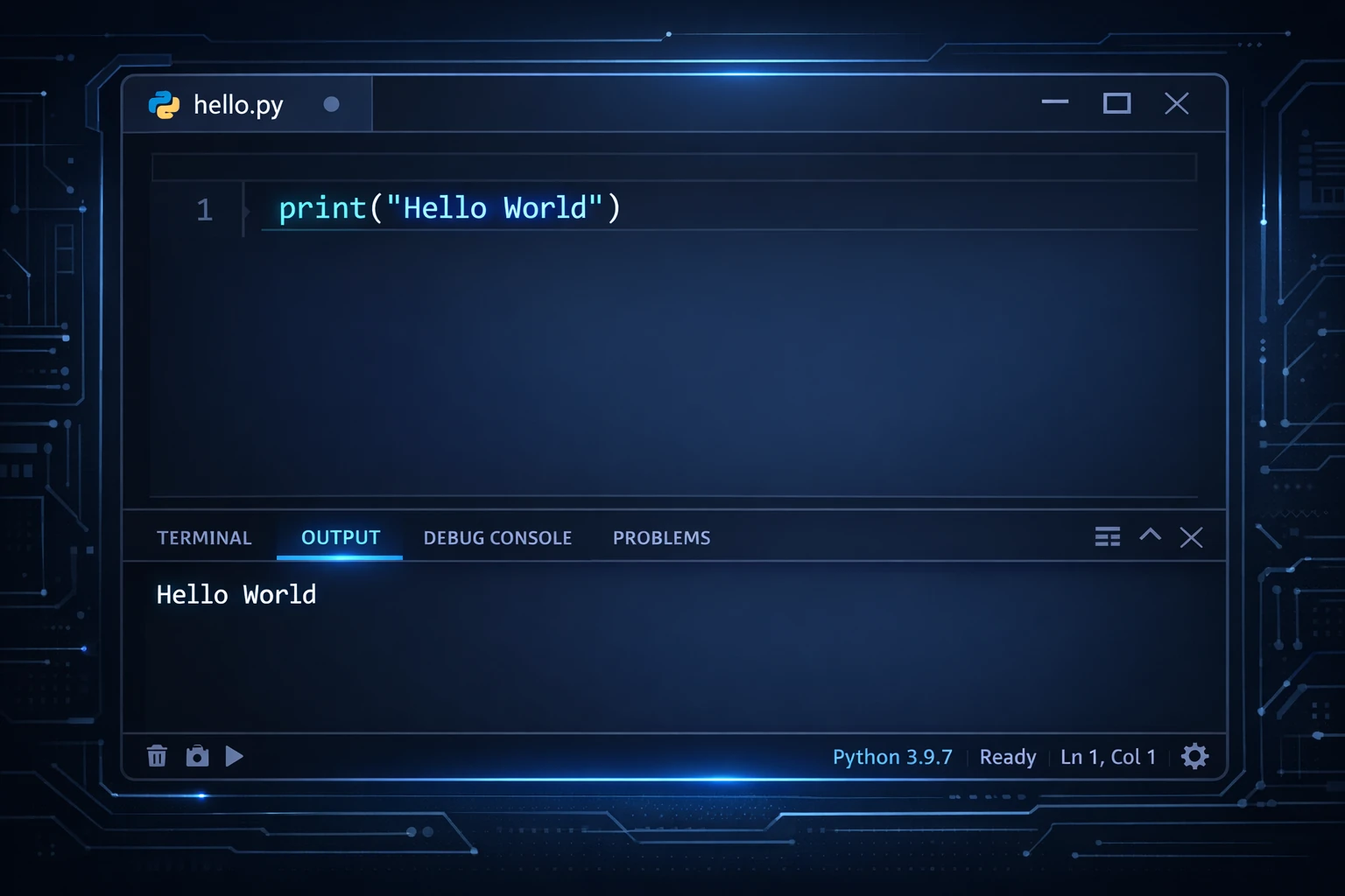 Python Hello World code example displayed in a modern dark mode code editor