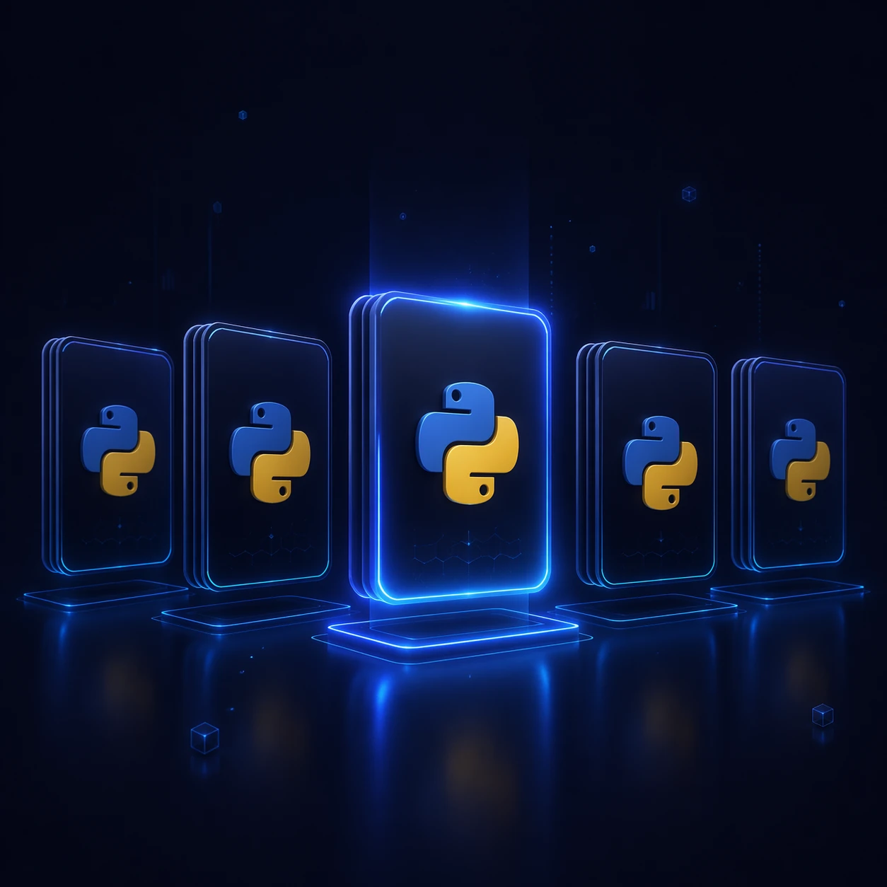 تصویر مفهومی مدیریت چند نسخه Python در ویندوز با نمایش انتخاب نسخه فعال پایتون برای استفاده در آموزش نصب پایتون در ویندوز 11 مرحله به مرحله و جلوگیری از تداخل نسخه‌ها