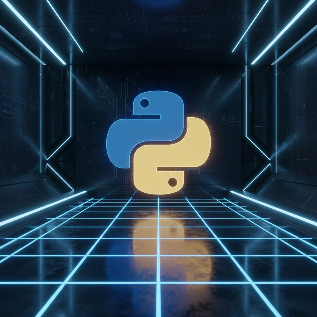 Python programming language logo in a dark blue technology environment