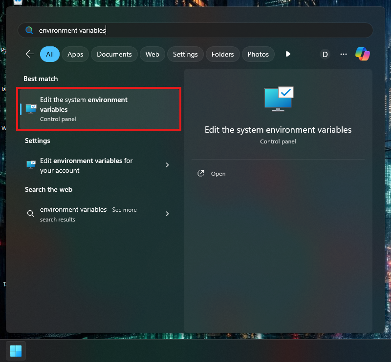 جستجوی Environment Variables در منوی Start ویندوز برای تنظیم PATH پایتون بعد از نصب Python در ویندوز